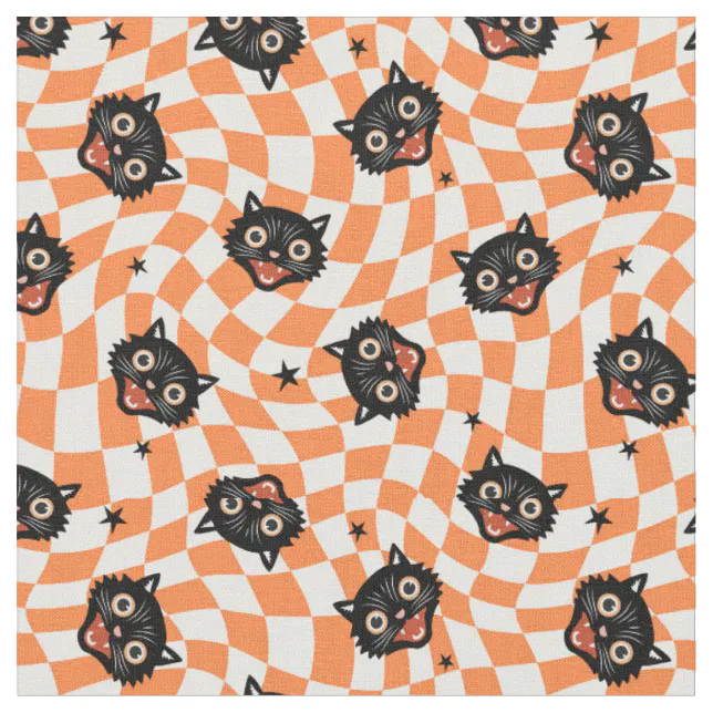 Retro Black Cat Orange Check Pattern Fabric | Zazzle