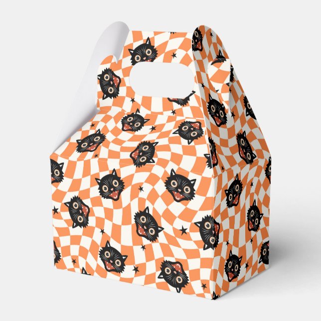 Retro Black Cat Orange Check Pattern Favour Box (Front Side)