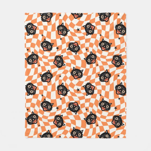 Retro Black Cat Orange Check Pattern Fleece Blanket (Front)