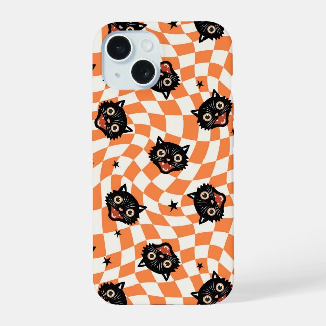 Retro Black Cat Orange Check Pattern iPhone 15 Case (Back)