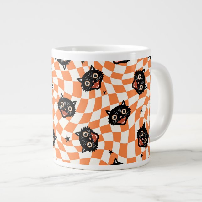Retro Black Cat Orange Check Pattern Large Coffee Mug (Front Right)