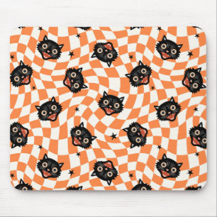 Retro Black Cat Orange Check Pattern Mouse Mat