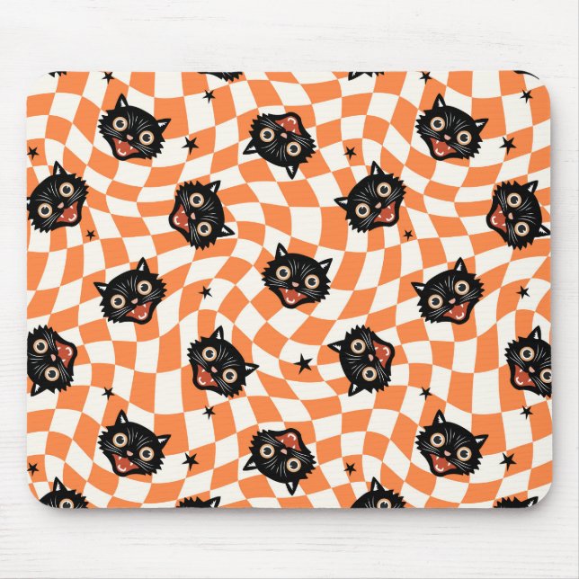 Retro Black Cat Orange Check Pattern Mouse Mat (Front)