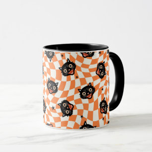 Retro Black Cat Orange Check Pattern Mug