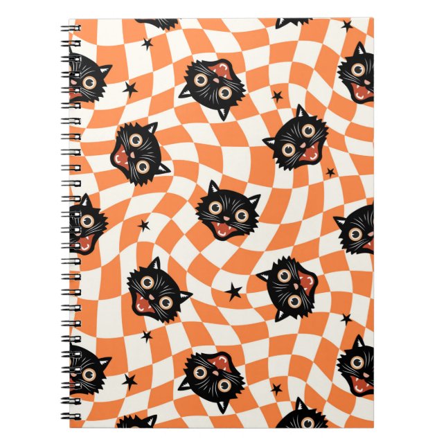 Retro Black Cat Orange Check Pattern Notebook (Front)