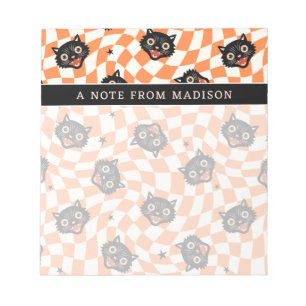Retro Black Cat Orange Check Pattern Notepad