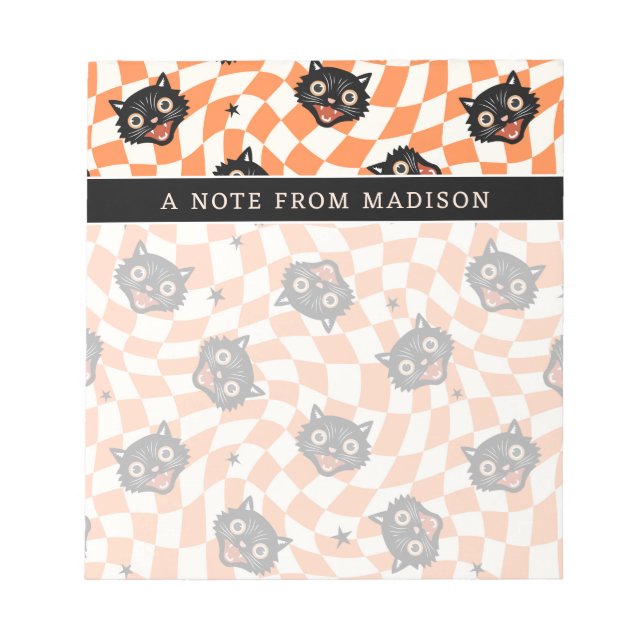 Retro Black Cat Orange Check Pattern Notepad (Front)