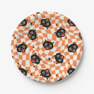 Retro Black Cat Orange Check Pattern Paper Plate