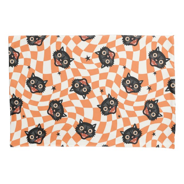 Retro Black Cat Orange Check Pattern Pillowcase (Front)