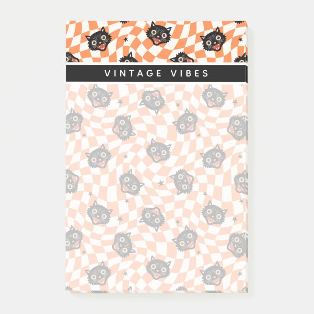 Retro Black Cat Orange Check Pattern Post-it Notes (Front)
