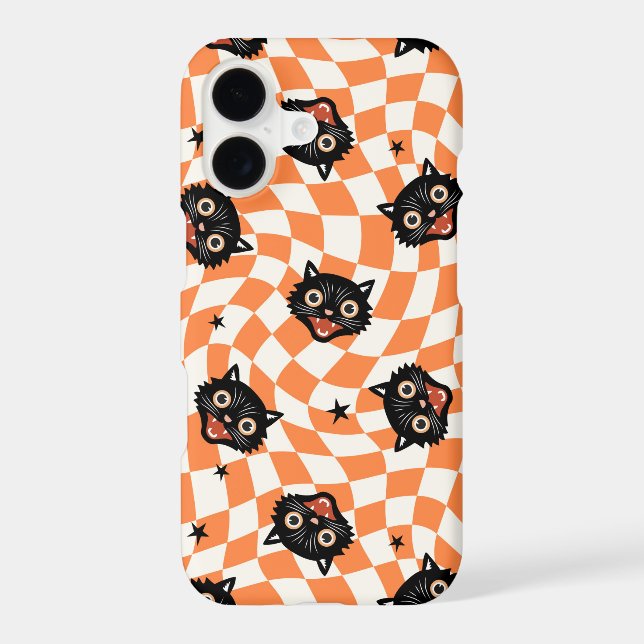 Retro Black Cat Orange Check Pattern Samsung Galaxy S21 Case (Back)