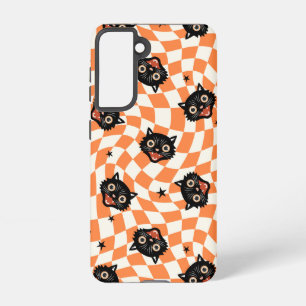 Retro Black Cat Orange Check Pattern Samsung Galaxy Case