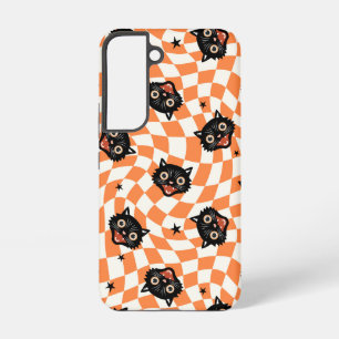 Retro Black Cat Orange Check Pattern Samsung Galaxy Case