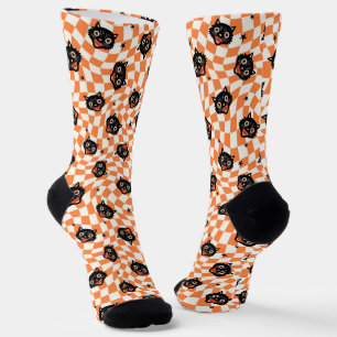 Retro Black Cat Orange Check Pattern Socks