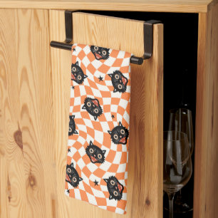 Retro Black Cat Orange Check Pattern Tea Towel
