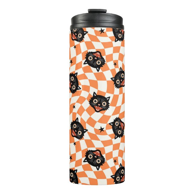 Retro Black Cat Orange Check Pattern Thermal Tumbler (Front)