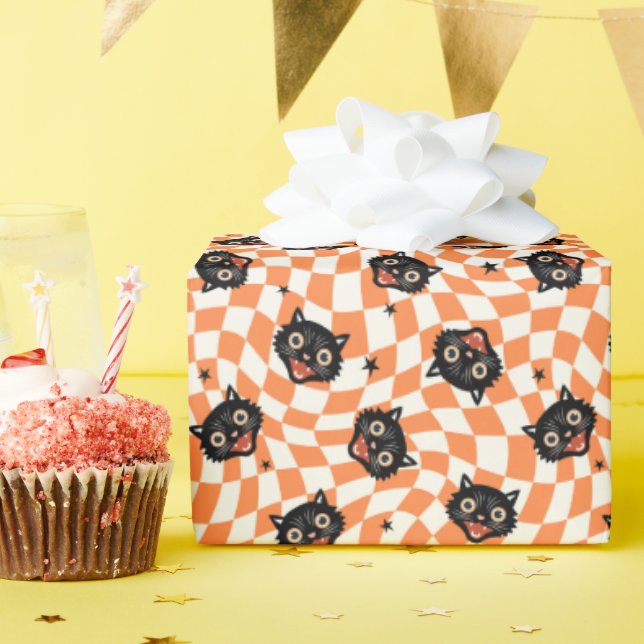 Retro Black Cat Orange Check Pattern Wrapping Paper (Birthday Party)