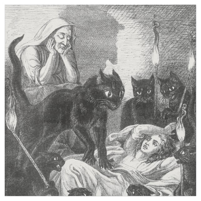 Retro black cat party drawing fabric (Close Up)