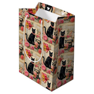 Retro Black Cat Pink necklace Collage Medium Gift Bag