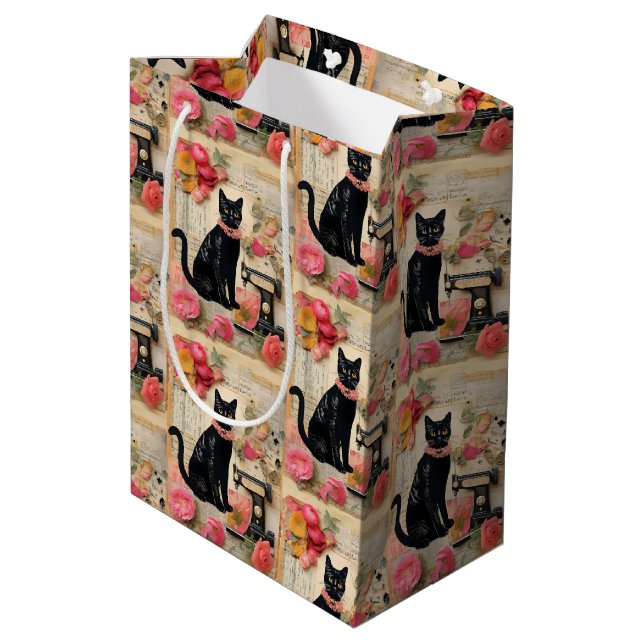 Retro Black Cat Pink necklace Collage Medium Gift Bag (Back Angled)