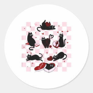 Retro Black Cat Playing Heart Valentines Day Cat K Classic Round Sticker