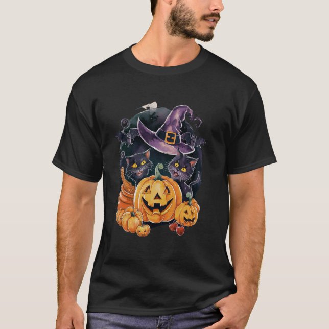 Retro Black Cat Pumpkin Bats Autumn Halloween Part T-Shirt (Front)