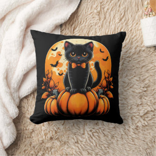 Retro Black Cat Pumpkin Halloween Fall Autumn  Cushion
