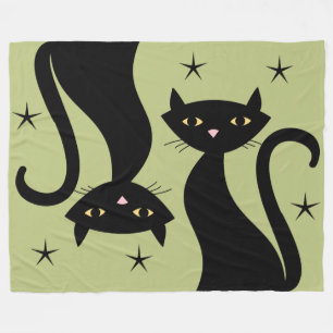Retro Black Cat, wheatgrass Fleece Blanket