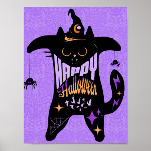Retro Black Cat Witch Funny Halloween   Poster