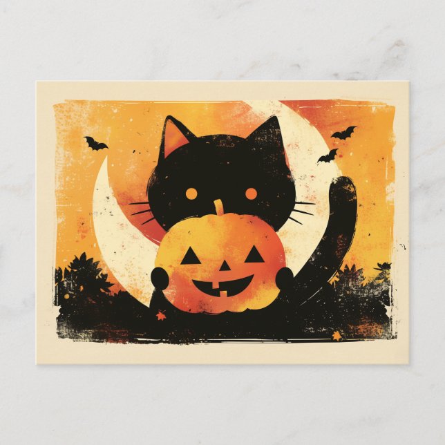 Retro Black Cat with Jack O' Lantern Postcard (Front)