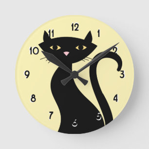 Retro Black Cat yellow Round Clock