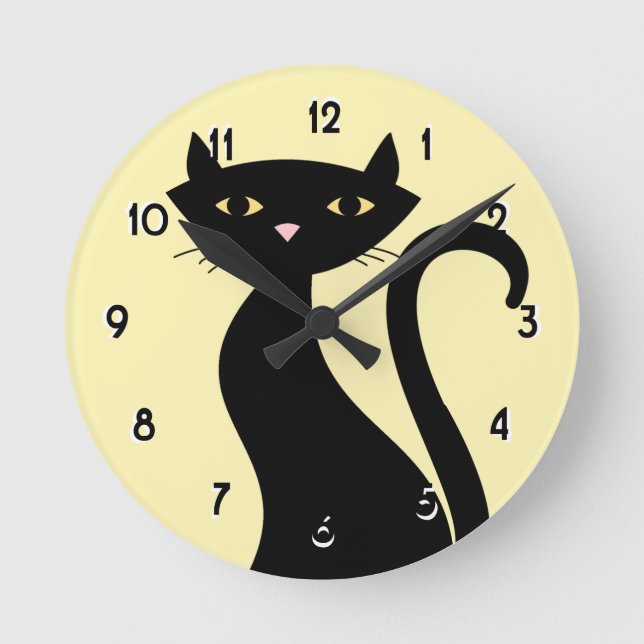 Retro Black Cat yellow Round Clock (Front)