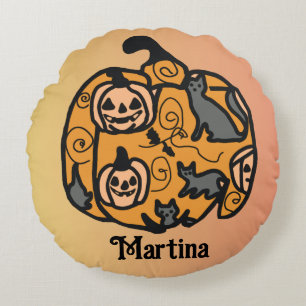 Retro Black Cats and Pumpkin Dreams  Round Cushion