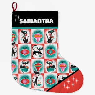 Retro Black Cats Christmas Stocking - Customisable