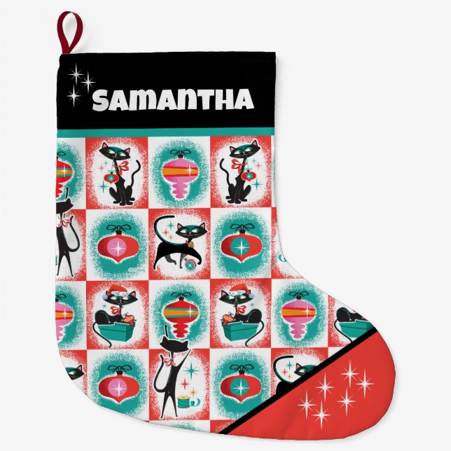 Retro Black Cats Christmas Stocking - Customisable (Front)