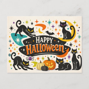 Retro Black Cats Halloween Holiday Postcard