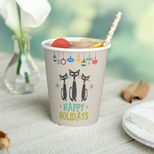 Retro Black Cats & Ornaments Midcentury Christmas Paper Cups (Insitu)