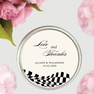 Retro black chequered pattern Wedding Thank You  Classic Round Sticker