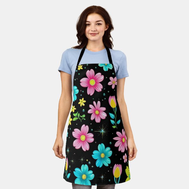 Retro Black colourful Flowers Pattern Birthday par Apron (Worn)