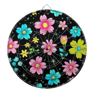 Retro Black colourful Flowers Pattern Birthday par Dartboard