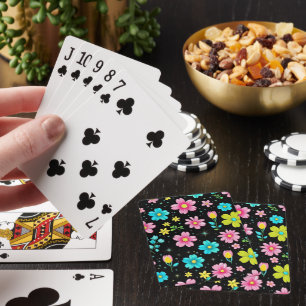 Retro Black colourful Flowers Pattern Birthday par Playing Cards