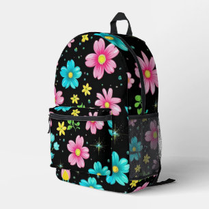 Retro Black colourful Flowers Pattern Birthday par Printed Backpack