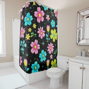 Retro Black colourful Flowers Pattern Birthday par Shower Curtain
