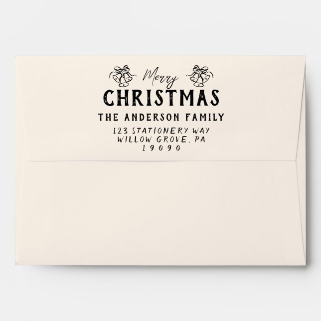 Retro Black Cream Hand Drawn Bells Merry Christmas Envelope (Back (Top Flap))
