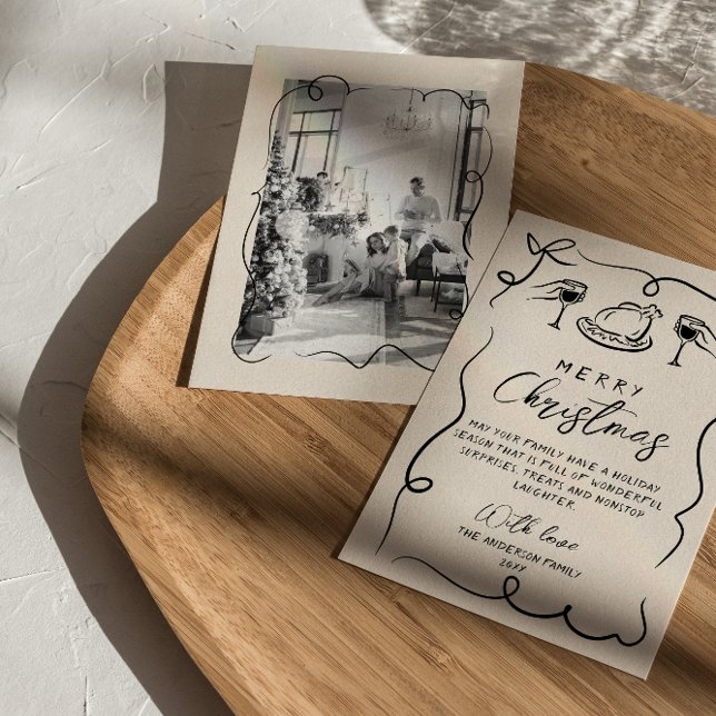 Retro Black Cream Hand Drawn Photo Merry Christmas Holiday Card (Creator Uploaded)