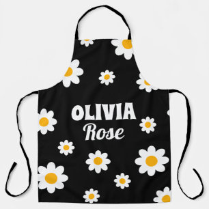 Retro Black Daisy 70's Hippie Custom Name Kitchen Apron