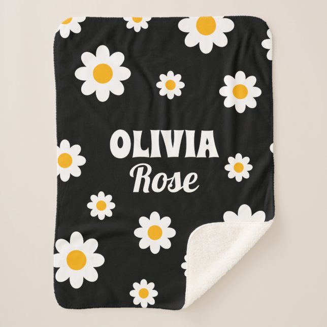 Retro Black Daisy 70's Hippie Custom Name Sherpa Blanket (Front)