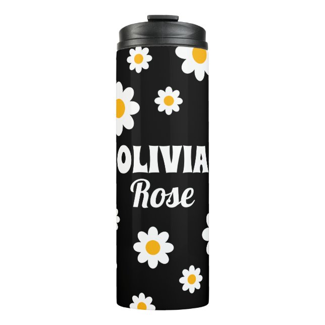Retro Black Daisy 70's Hippie Custom Name Thermal Tumbler (Front)
