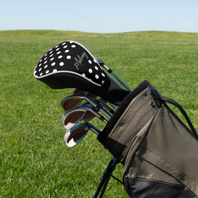 Retro Black Elegant Monogram Dotted Pattern Golf Head Cover (In Situ)