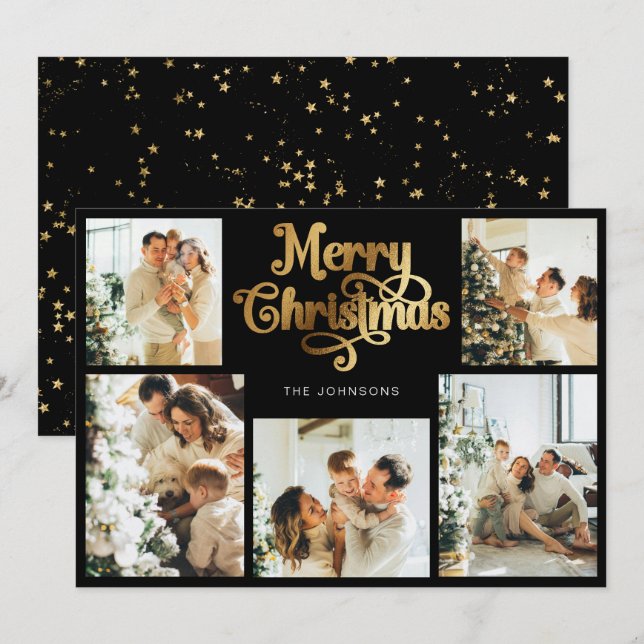 Retro Black Faux Gold Merry Christmas Family Photo Holiday Card (Front/Back)